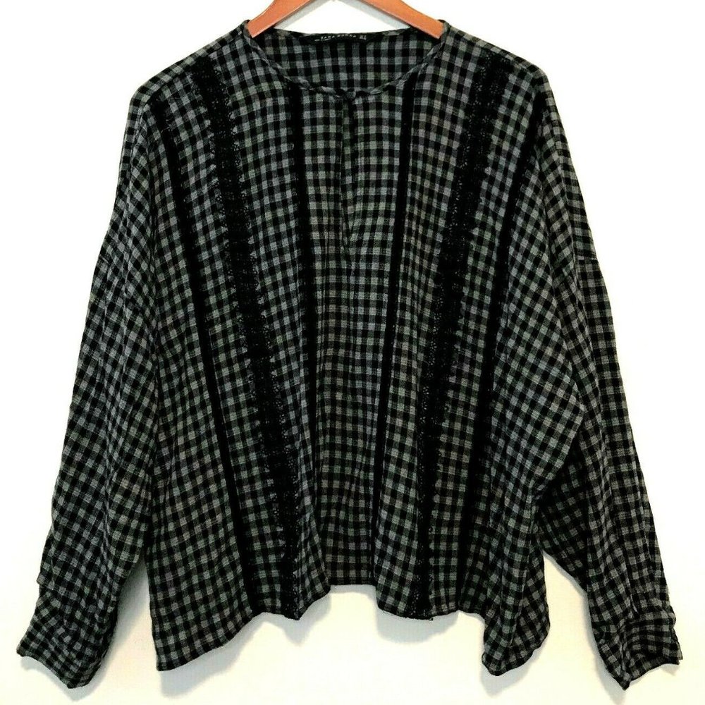 ZARA Woman PLAID Long Sleeve Black Casual Lace Top Keyhole Front